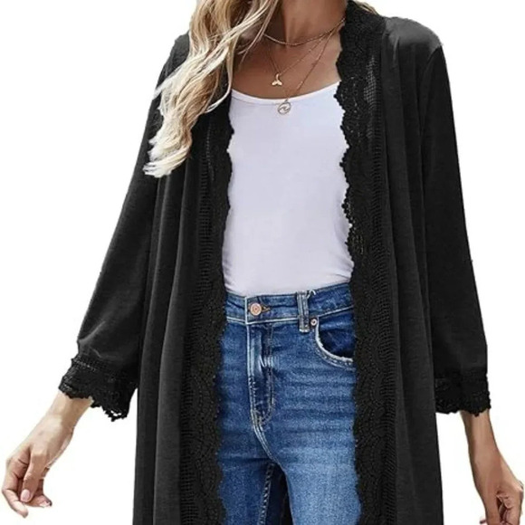 Women's Cardigan 3/4 Sleeve Open Front Lace Wrap Long Duster Cardigan - Picture 2 of 5